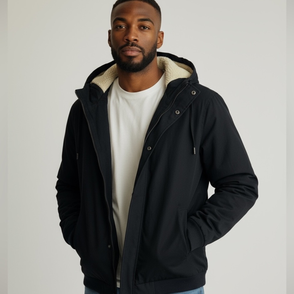 Marc by Marc Jacobs | Black Canvas Full Zip Hooded Faux Sherpa Lined Coat